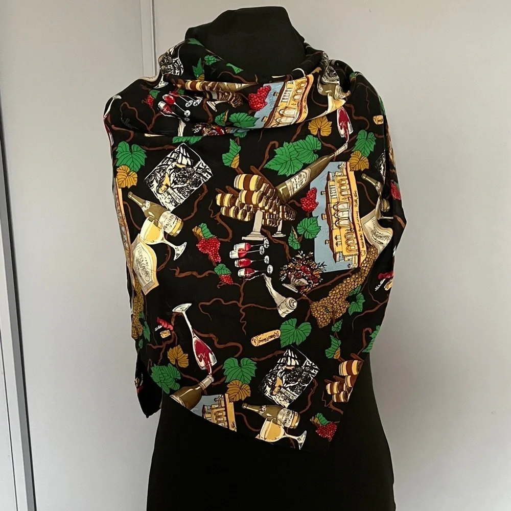 Vintage Nicole Miller Silk Scarf Wine Grape Vineyard Print Large 43x42